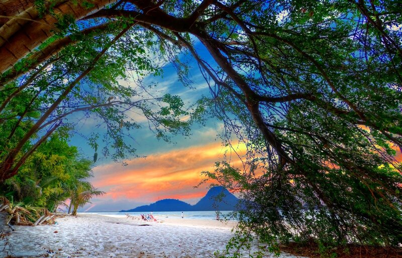 Beach with Lounge Chairs — Blue, Serene, Sunset
