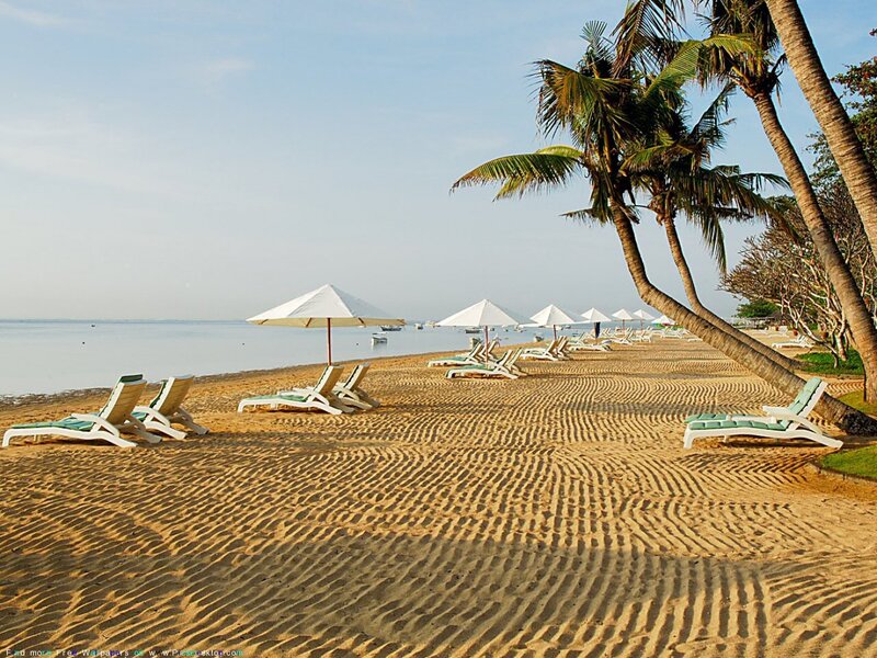 Beach with Lounge Chairs — Sand, Serene, Morning