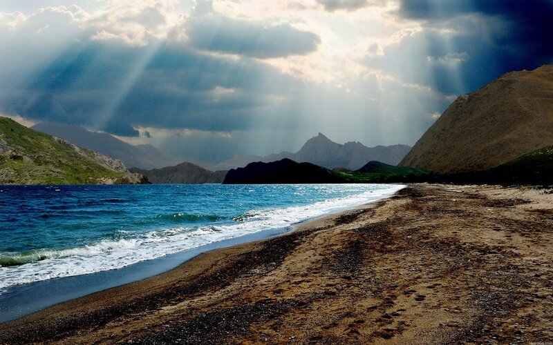 Beach with Mountain Backdrop — Blue, Dramatic