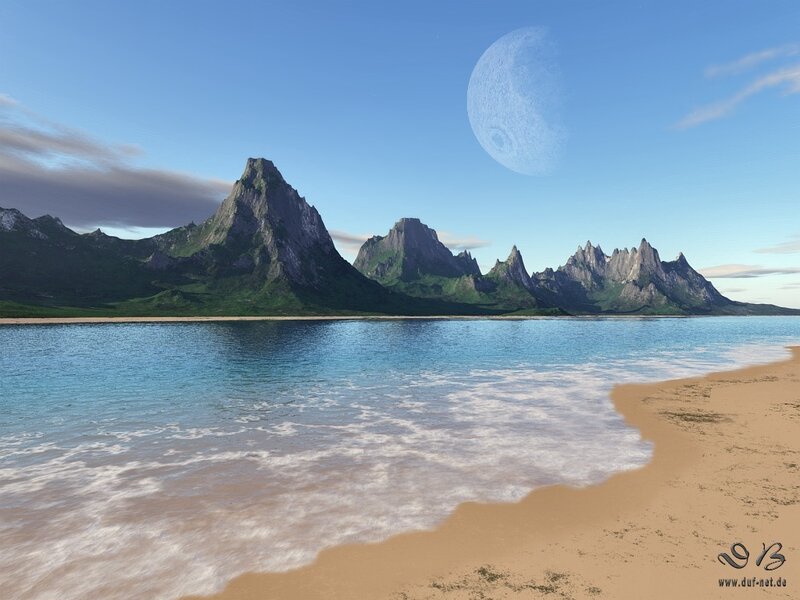 Beach with mountains and moon