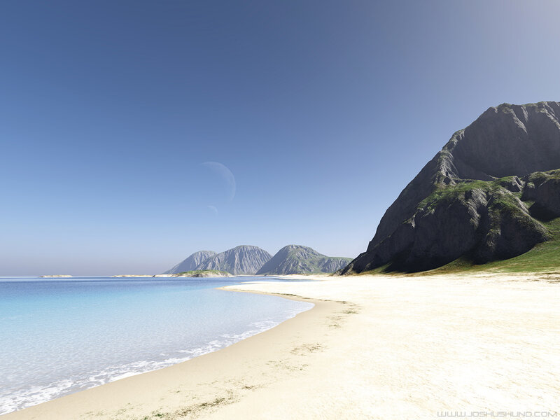 Beach with mountains and moon