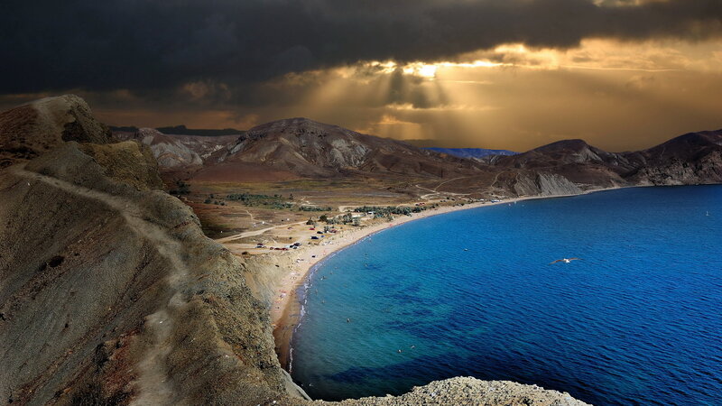 Beach with Mountains — Blue, Dramatic, Sunset, Photograph, Sea