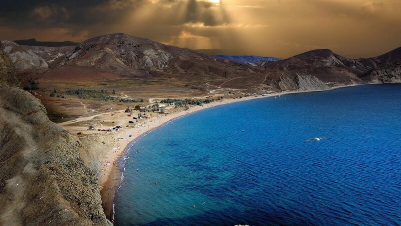 Beach with Mountains — Blue, Dramatic, Sunset, Photograph