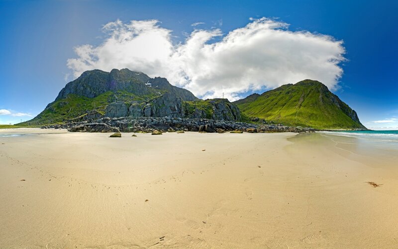 Beach with Mountains — Blue, Serene, Afternoon, Photograph, Sand, Sea