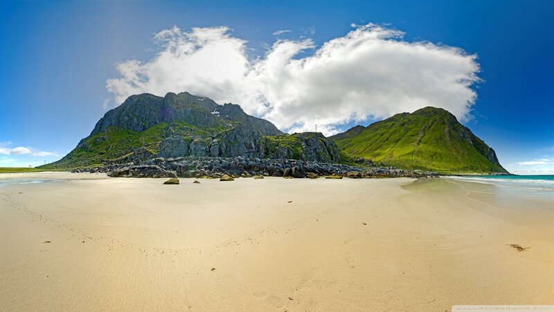 Beach with Mountains — Blue, Serene, Afternoon, Photograph