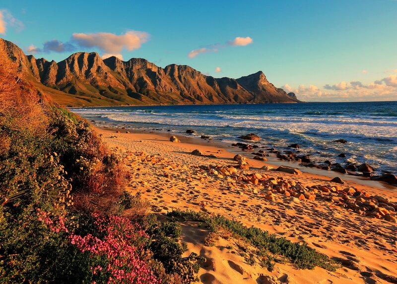 Beach with Mountains — Blue, Serene, Sunset