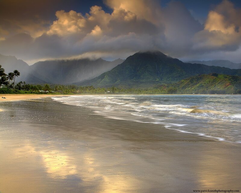 Beach with Mountains — Green, Dramatic, Sunset