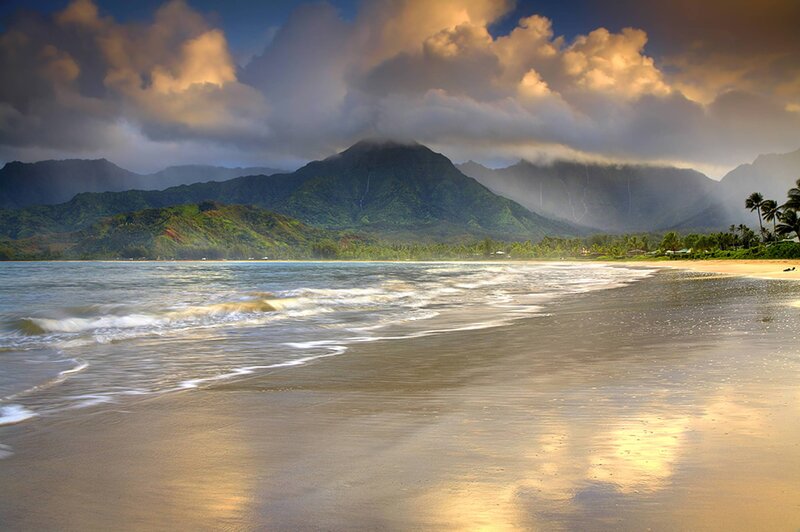 Beach with Mountains — Green, Dramatic