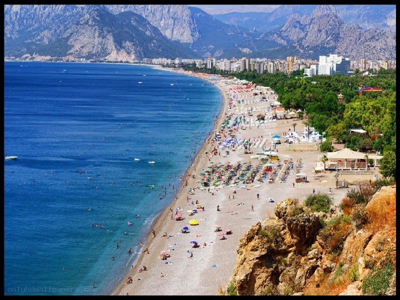 Beach with mountains in background