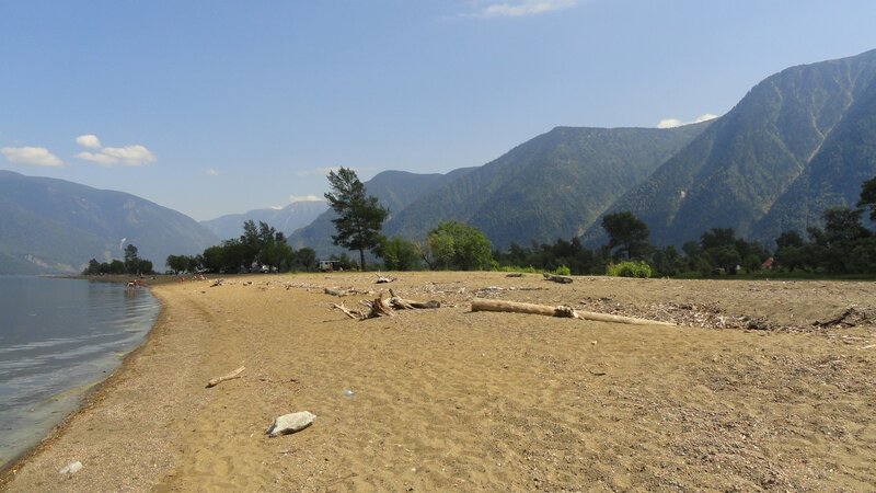 Beach with mountains in background