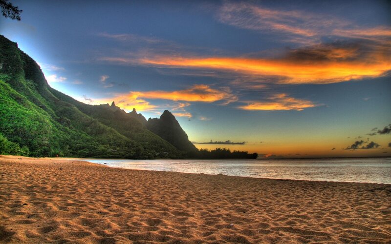 Beach with Mountains — Orange, Dramatic, Sunset, Photograph, Ocean, Sky
