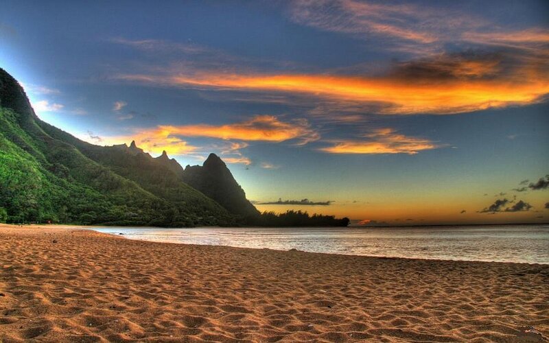 Beach with Mountains — Orange, Dramatic, Sunset, Photograph, Ocean