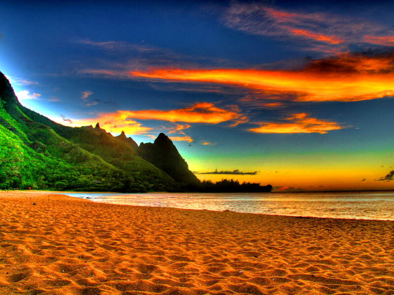 Beach with Mountains — Orange, Dramatic, Sunset, Photograph