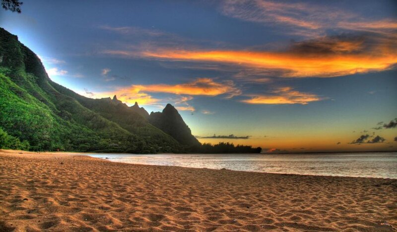 Beach with Mountains — Orange, Dramatic, Sunset