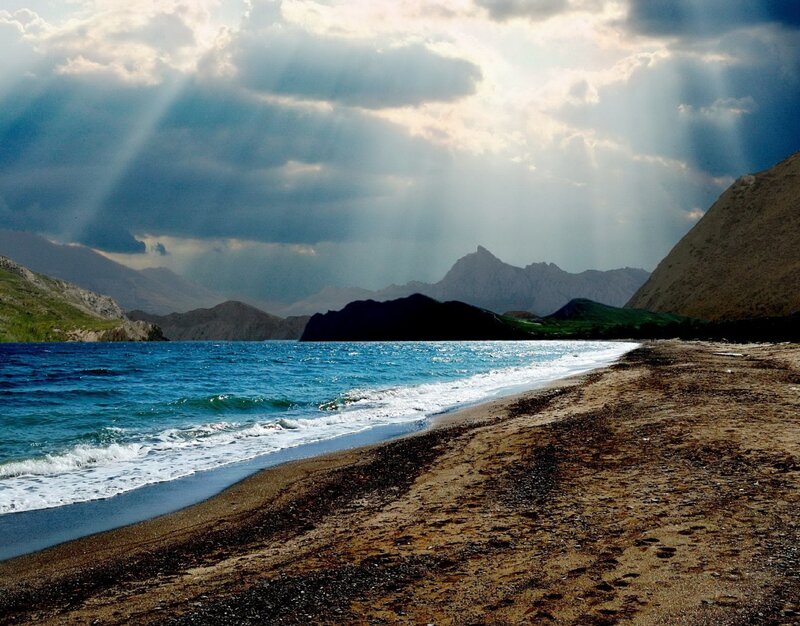 Beach with Ocean Waves — Blue, Dramatic, Afternoon, Photograph, Mountains