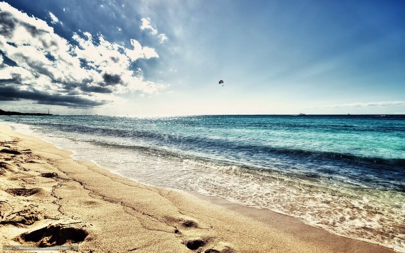 Beach with Ocean Waves — Blue, Dramatic, Afternoon, Photograph, Sand, Clouds, Parasail