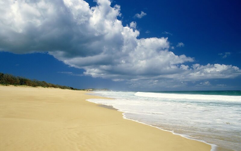 Beach with Ocean Waves — Blue, Dramatic, Afternoon, Photograph, Sand, Clouds, Yellow