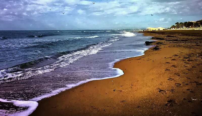 Beach with Ocean Waves — Blue, Dramatic, Afternoon, Photograph, Sand