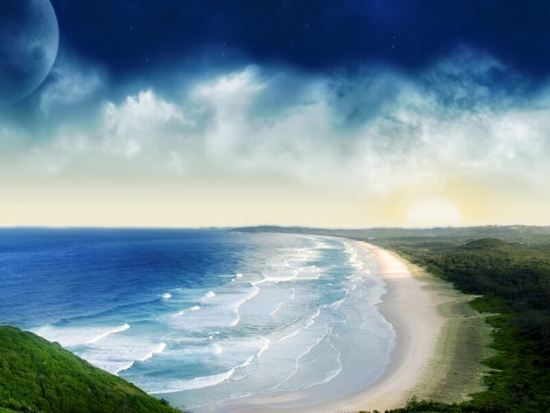Beach with Ocean Waves — Blue, Dramatic, Night, Digital Art, Moon, Clouds, Sun