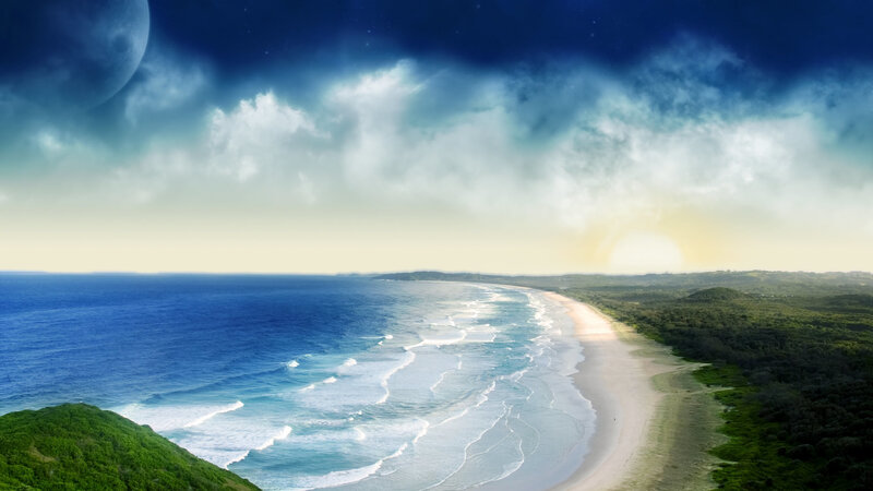 Beach with Ocean Waves — Blue, Dramatic, Night