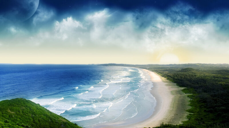 Beach with Ocean Waves — Blue, Dramatic, Sunrise, Digital Art
