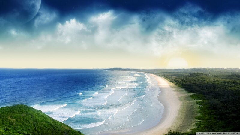 Beach with Ocean Waves — Blue, Dramatic, Sunset, Digital Art