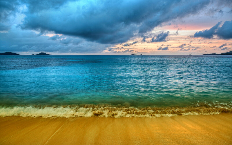 Beach with Ocean Waves — Blue, Dramatic, Sunset, Photograph, Clouds, Islands