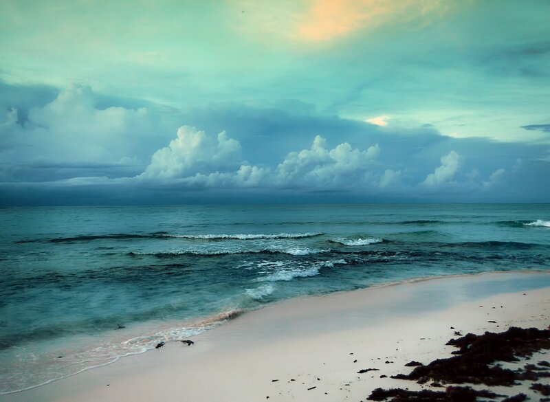 Beach with Ocean Waves — Blue, Dramatic, Sunset, Photograph, Clouds, Sand