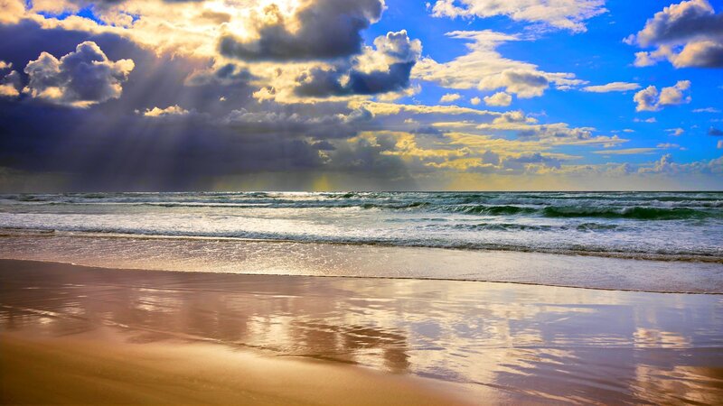 Beach with Ocean Waves — Blue, Dramatic, Sunset, Photograph, Clouds