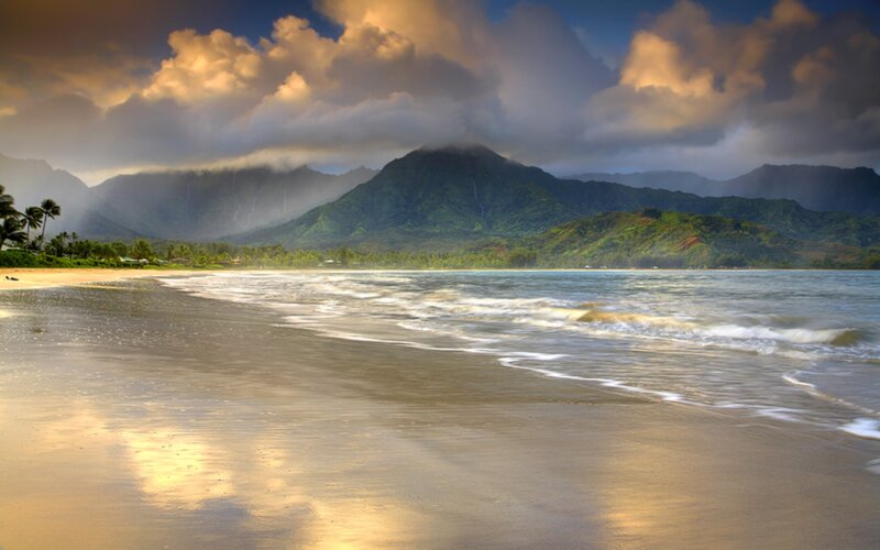 Beach with Ocean Waves — Blue, Dramatic, Sunset, Photograph, Mountains