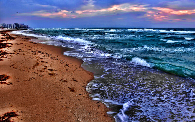 Beach with Ocean Waves — Blue, Dramatic, Sunset, Photograph