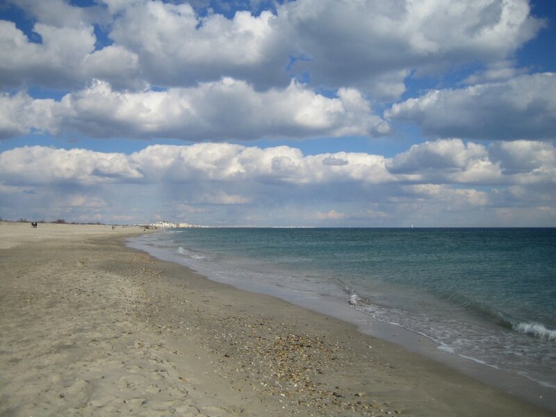 Beach with Ocean Waves — Blue, Serene, Afternoon, Photograph, Clouds, Sand, White, Brown