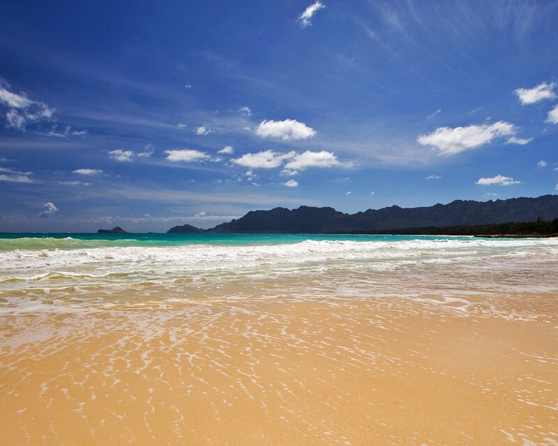 Beach with Ocean Waves — Blue, Serene, Afternoon, Photograph, Mountains, Sky, Clouds, White