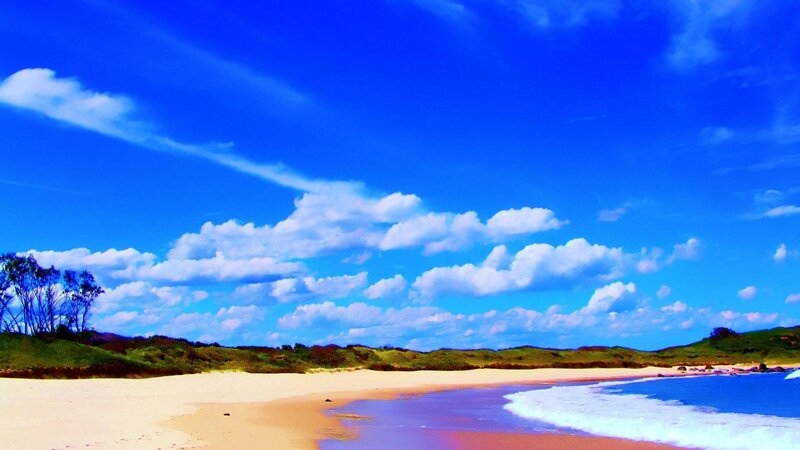 Beach with Ocean Waves — Blue, Serene, Afternoon, Photograph, Sand, Clouds, Trees
