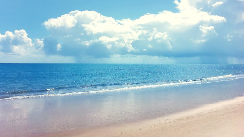 Beach with Ocean Waves — Blue, Serene, Afternoon, Photograph, Sand, Clouds, White, Brown