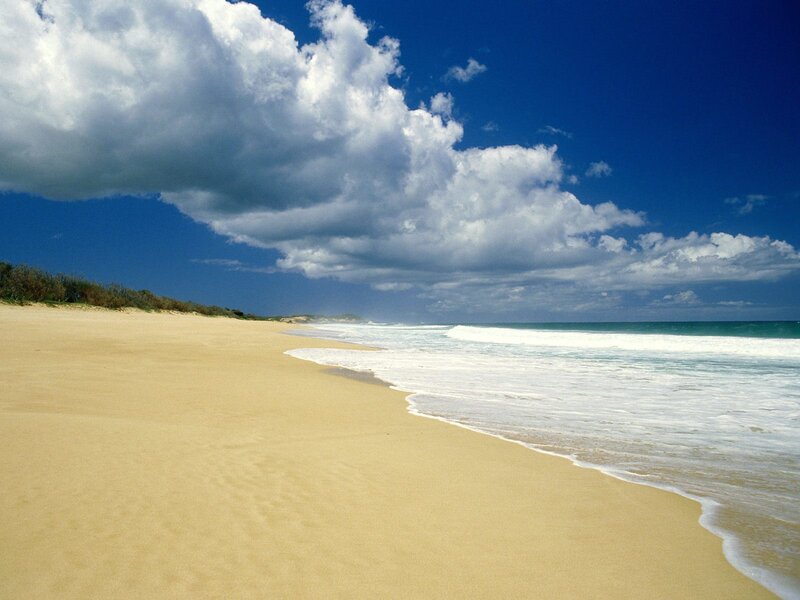 Beach with Ocean Waves — Blue, Serene, Afternoon, Photograph, Sand, Clouds, Yellow