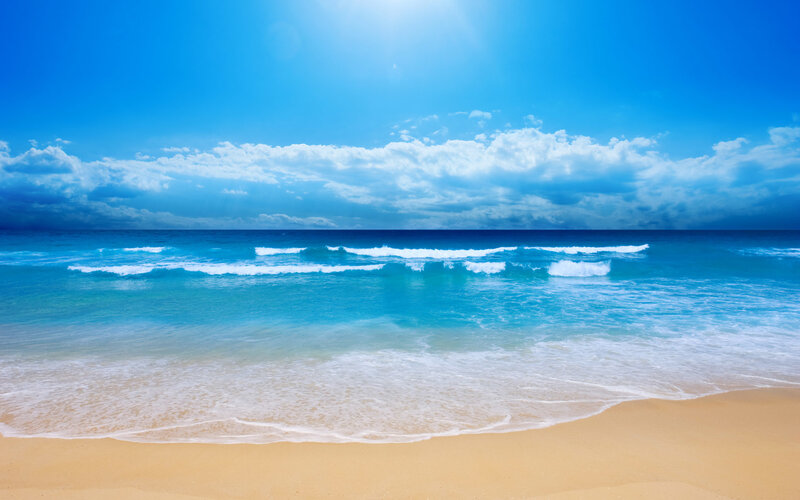 Beach with Ocean Waves — Blue, Serene, Afternoon, Photograph, Sand, Clouds, Yellow, White