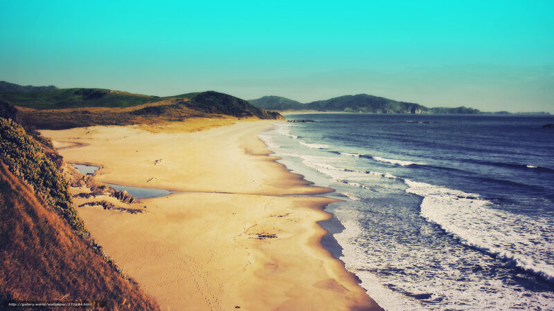 Beach with Ocean Waves — Blue, Serene, Afternoon, Photograph, Sand Dunes, Hills