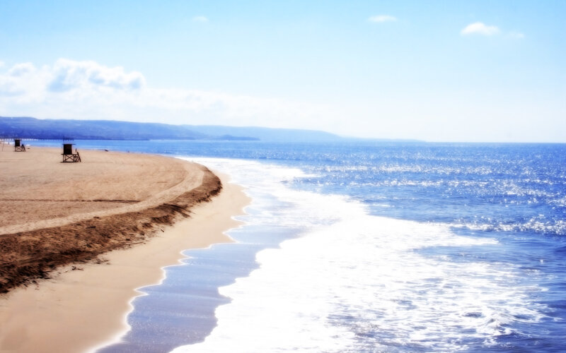 Beach with Ocean Waves — Blue, Serene, Afternoon, Photograph, Sand, Lifeguard Stand