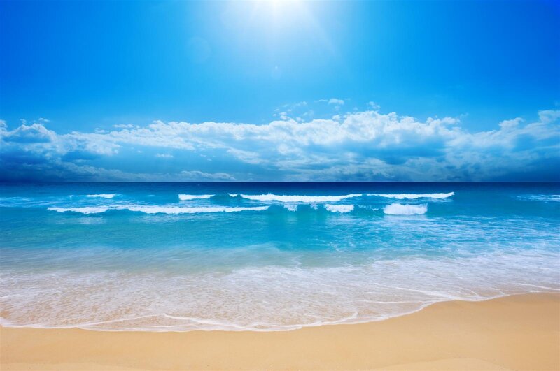 Beach with Ocean Waves — Blue, Serene, Afternoon, Photograph, Sand, Sky, Clouds, Yellow, White