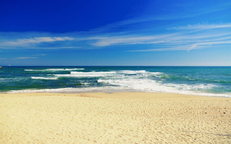 Beach with Ocean Waves — Blue, Serene, Afternoon, Photograph, Sand, Sky, Yellow