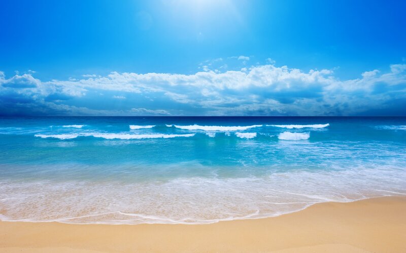Beach with Ocean Waves — Blue, Serene, Afternoon, Photograph, Sand, Sky, Yellow, White