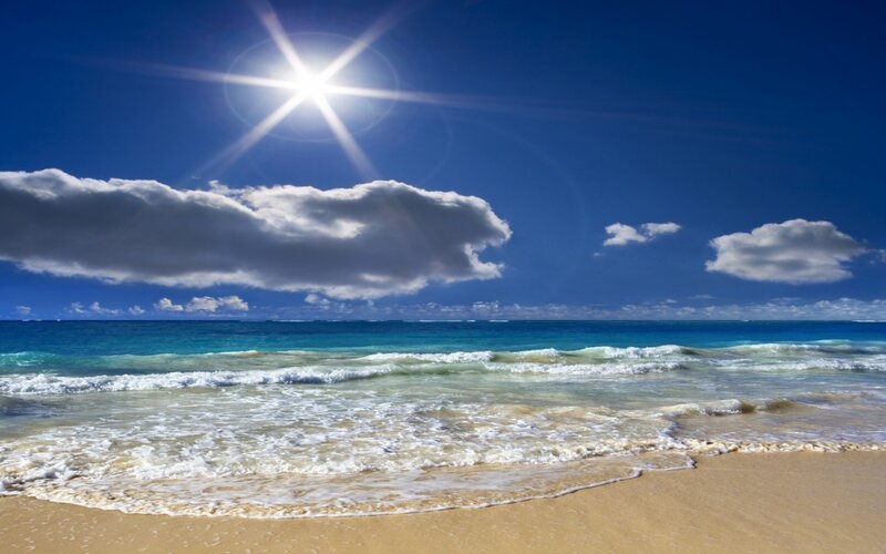 Beach with Ocean Waves — Blue, Serene, Afternoon, Photograph, Sun