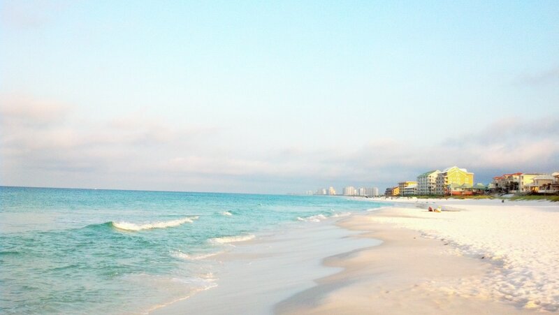 Beach with Ocean Waves — Blue, Serene, Morning, Photograph, Buildings