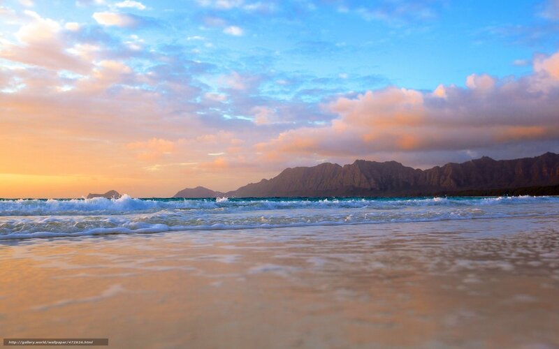 Beach with Ocean Waves — Blue, Serene, Sunset, Photograph, Mountains, Sky, Clouds