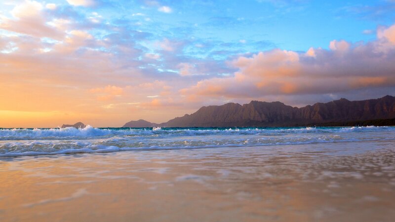 Beach with Ocean Waves — Blue, Serene, Sunset, Photograph, Mountains, Sky