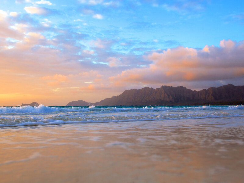 Beach with Ocean Waves — Blue, Serene, Sunset, Photograph, Mountains