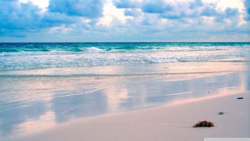 Beach with Ocean Waves — Blue, Serene, Sunset, Photograph, Sand, Clouds