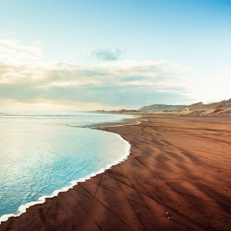 Beach with Ocean Waves — Blue, Serene, Sunset, Photograph, Sand Dunes