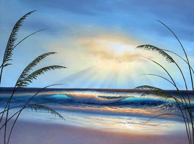 Beach with Ocean Waves — Blue, Serene, Sunset